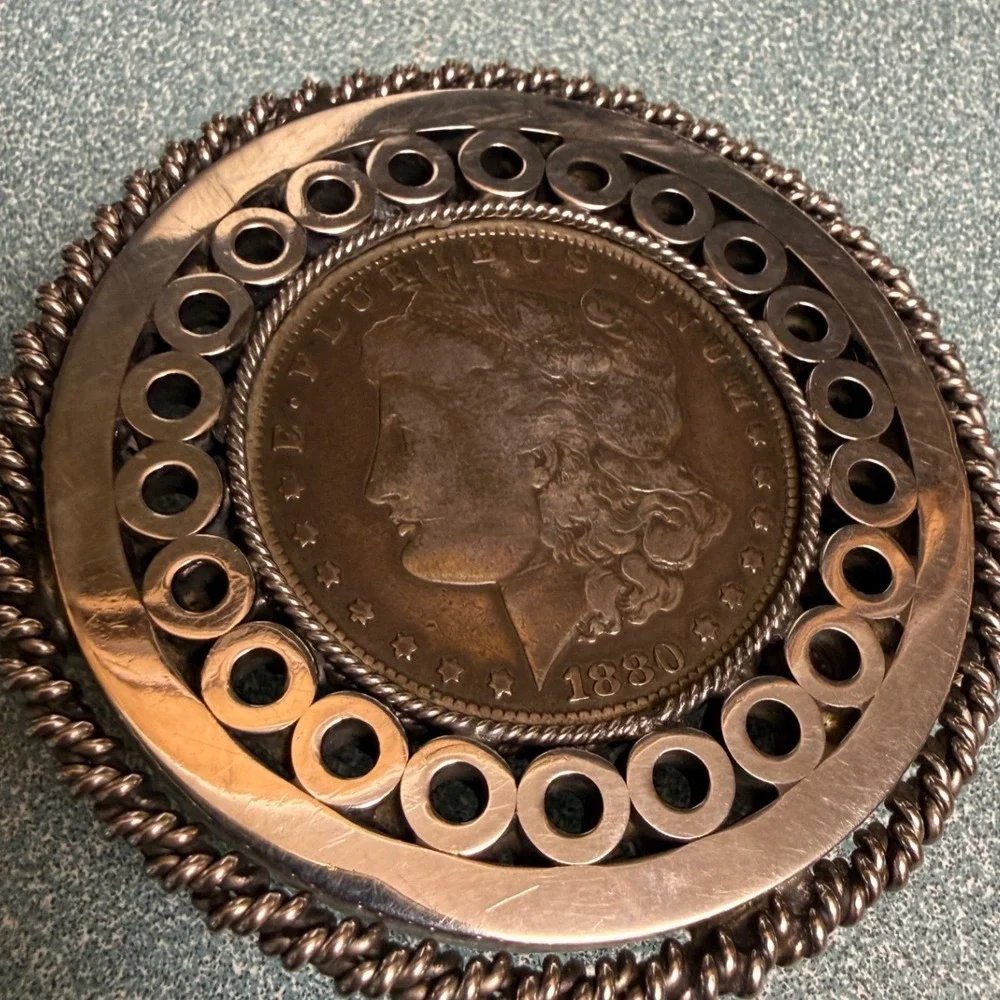 Vintage 1880 Morgan Silver Dollar Belt Buckle Round Western Coin Jewelry